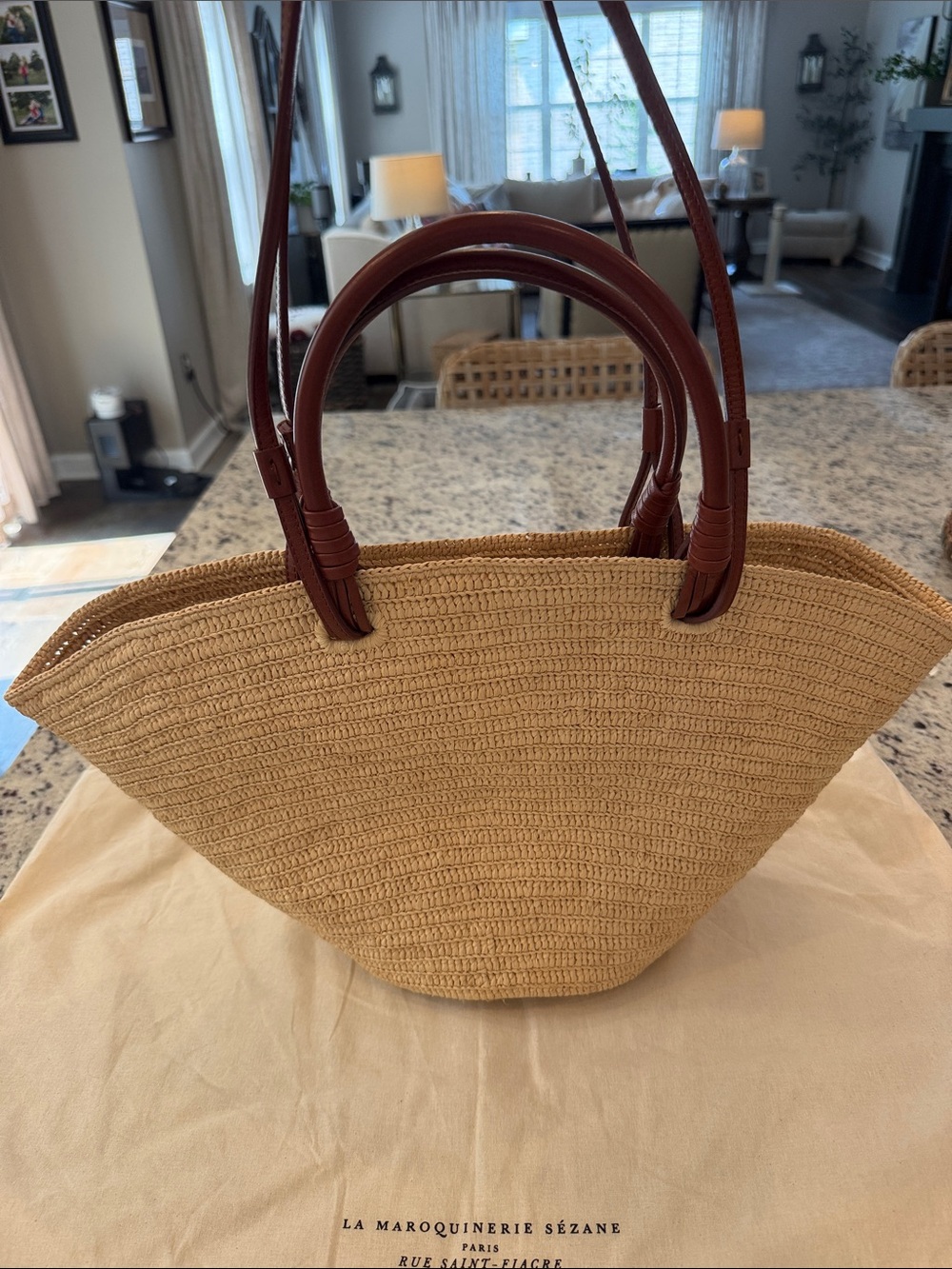 Sezane Justine Basket Bag - Straw Tote with Brown Leather Handles - Picture 5 of 12